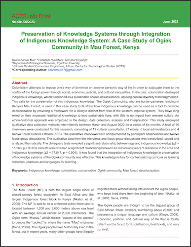 Preservation of Knowledge Systems through Integration of Indigenous Knowledge System: A Case Study of Ogiek Community in Mau Forest, Kenya