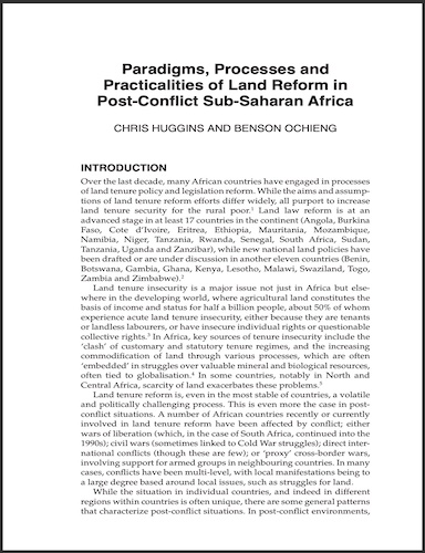 Paradigms, Processes and Practicalities of Land Reform in Post-Conflict Sub-Saharan Africa